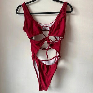 Bright Deep Red Tie Up One Piece Bathing Suit